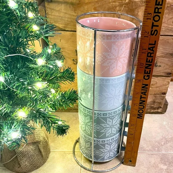 4 Snowflake Mugs Stackable In Stand - Picture 3 of 5